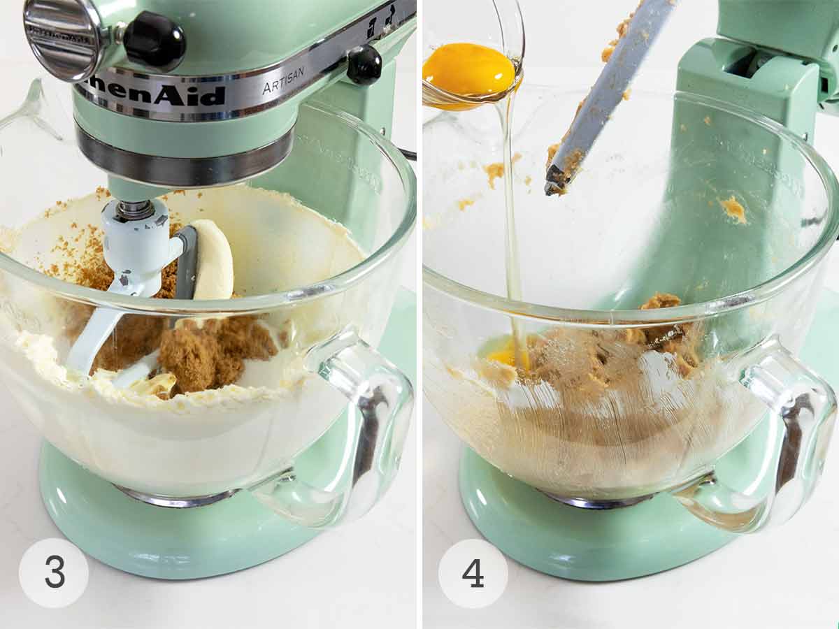 Butter and sugar being mixed in a mixer, then an egg being added to the mixer.