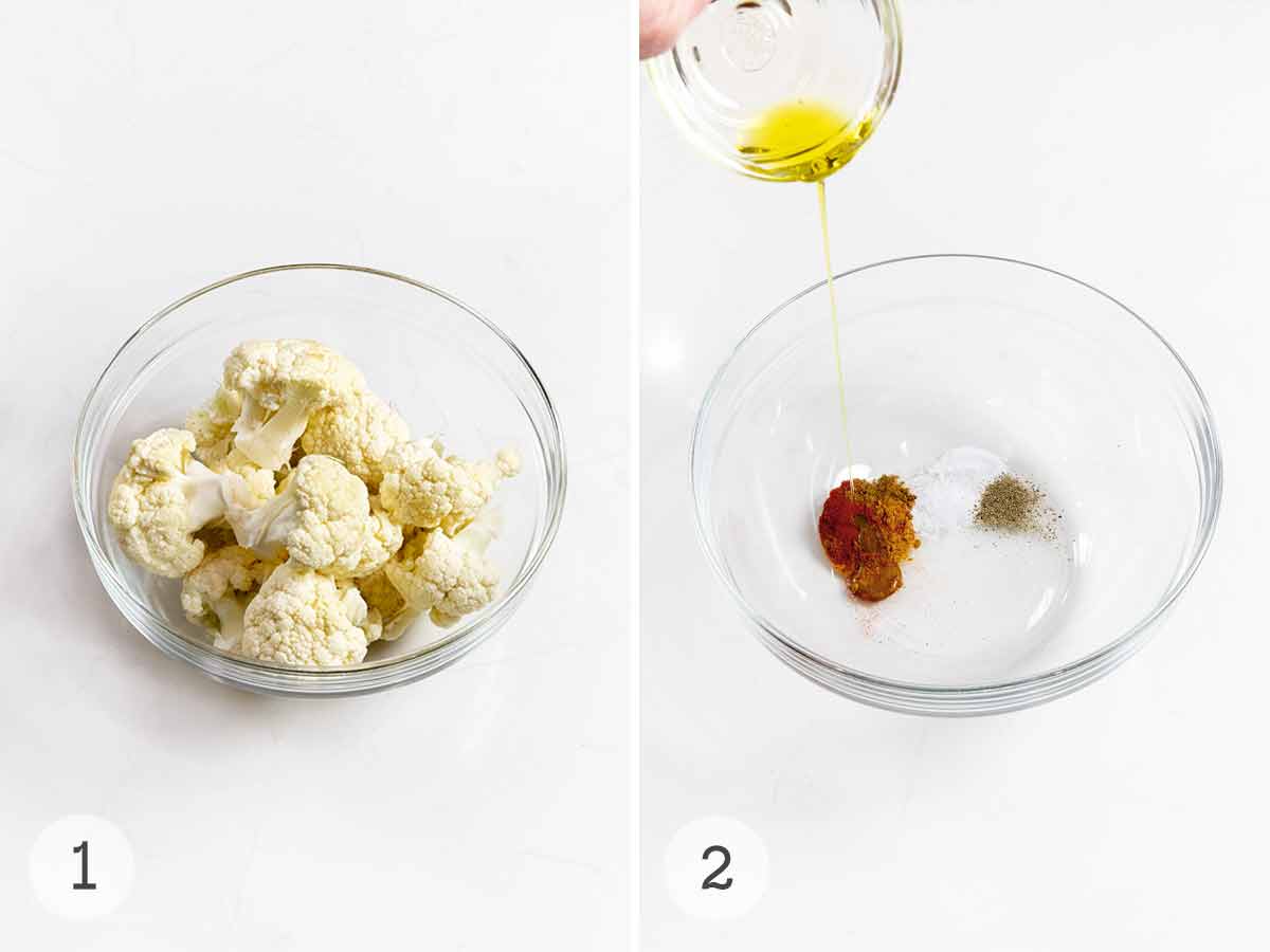 Raw cauliflower florets in a glass bowl and a separate glass bowl with oil being poured into a spice mix.