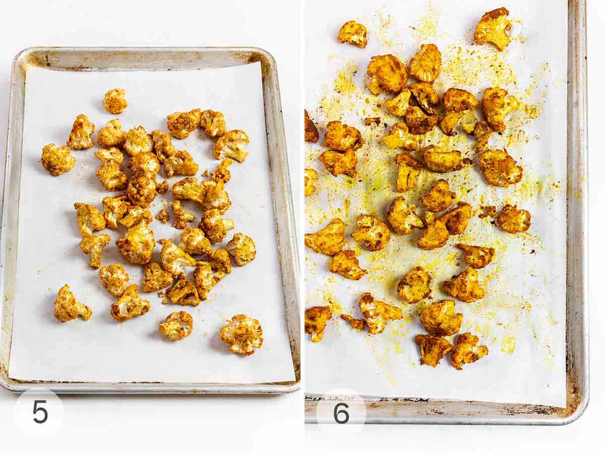Cauliflower florets on a baking sheet shown before and after baking.
