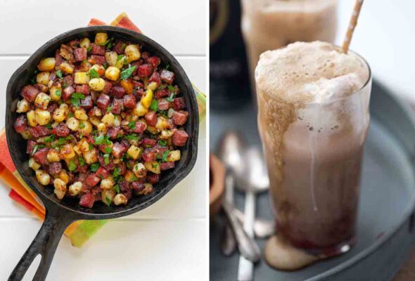 A cast iron skillet filled with corned beef hash and a glass overflowing with Guinness ice cream float.