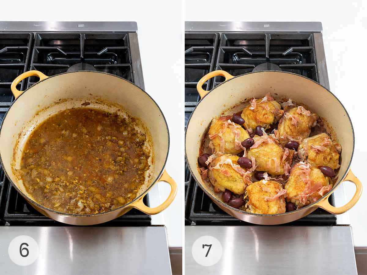 A yellow Dutch oven with braising liquid in it and the same Dutch oven with cooked chicken thighs, olives, and prosciutto.