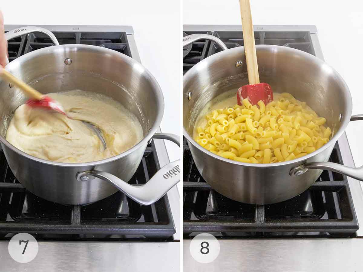 A pot of cheese sauce being stirred and macaroni added to the pot of cheese sauce.