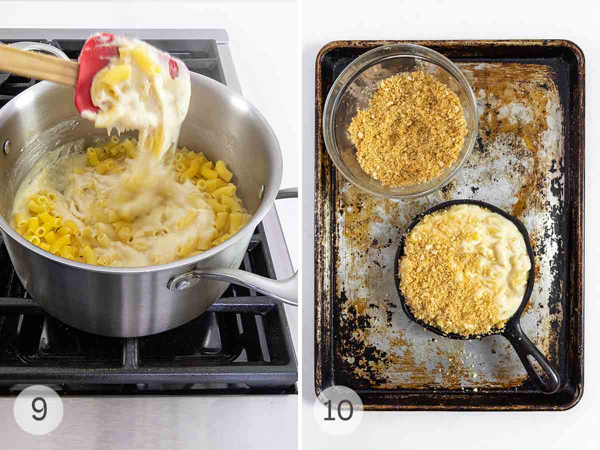Cheese sauce being stirred into pasta and a skillet of mac and cheese being topped with cracker crumbs.