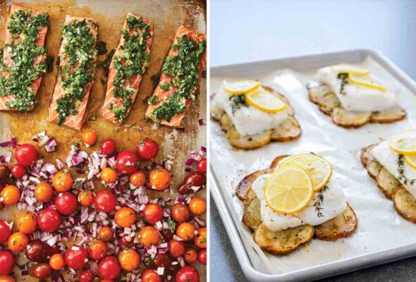A sheet pan with salmon and cherry tomatoes, and a sheet pan with four pieces of cod on top of sliced potatoes, topped with lemon slices.