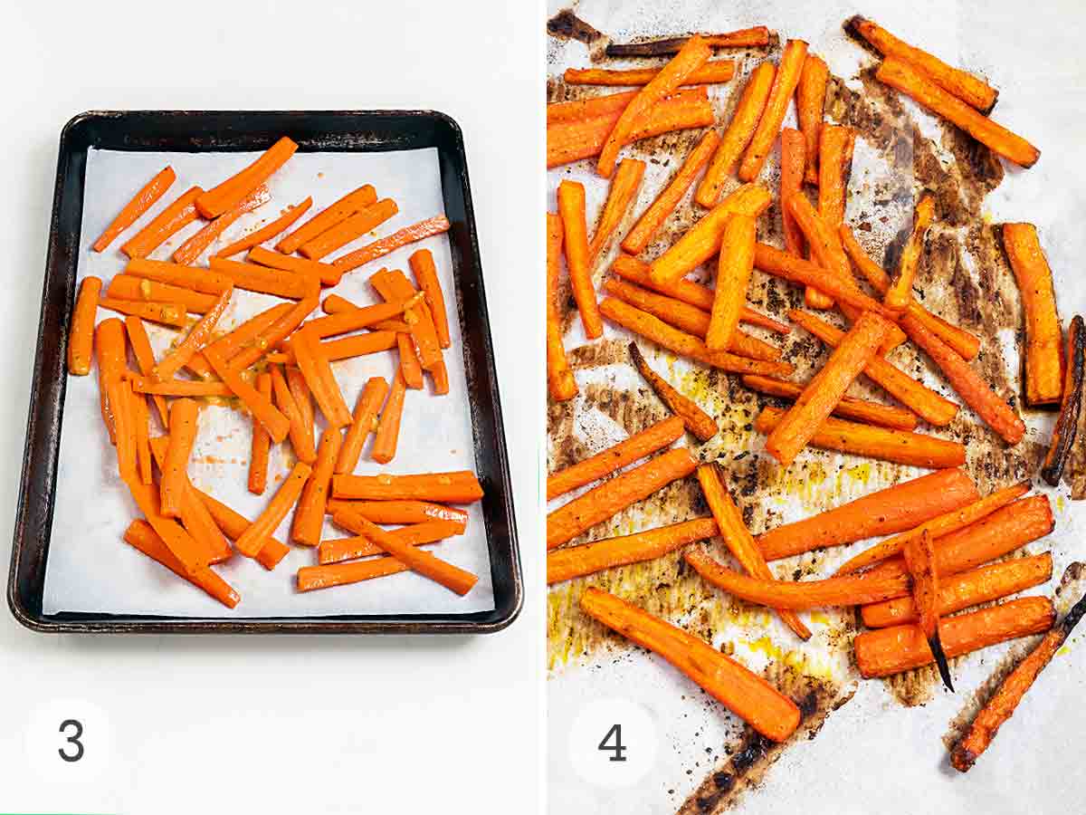 A rimmed baking sheet with raw carrots scattered on it, and a tray of roasted carrots.