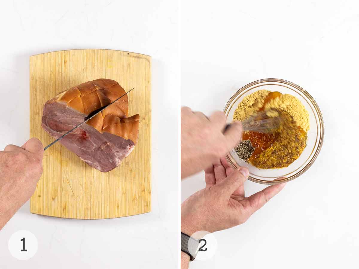 A person scoring a ham on a cutting board and a person whisking spices together in a glass bowl.