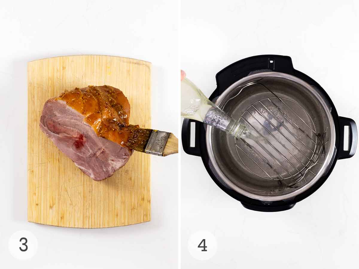 A piece of ham being brushed with glaze and a bottle of ginger beer being poured into the insert of an Instant Pot.