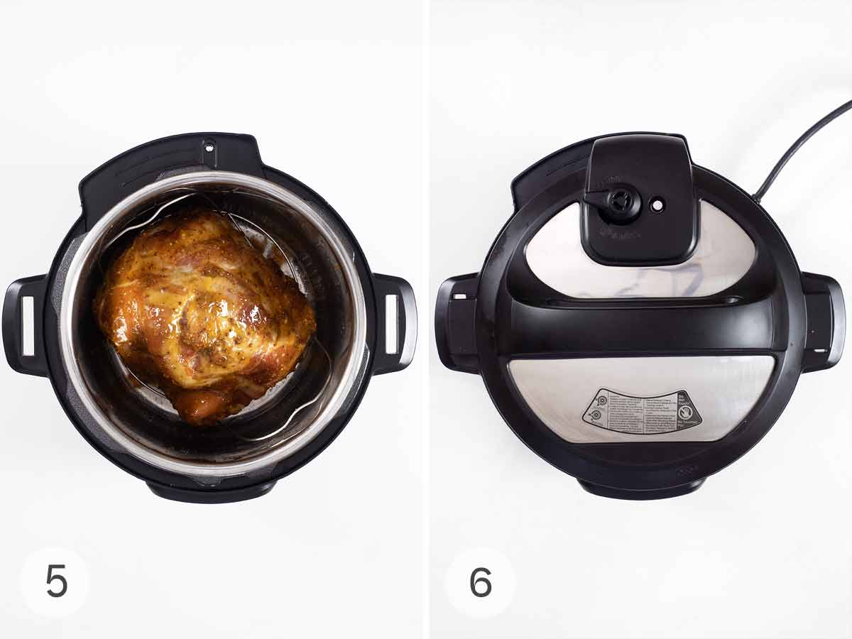 A ham placed inside an Instant Pot, and an Instant Pot with the lid secured.
