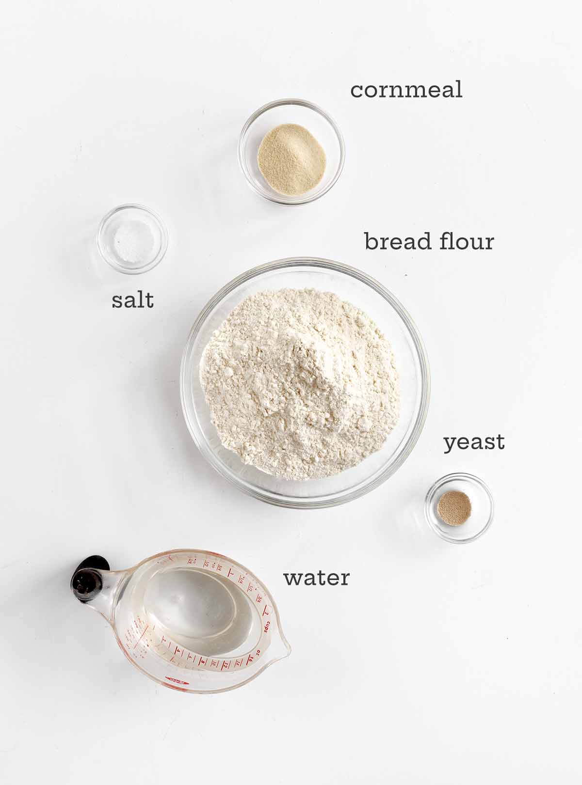 Ingredients for Jim Lahey's no-knead bread -- flour, salt, yeast, cornmeal, and water.