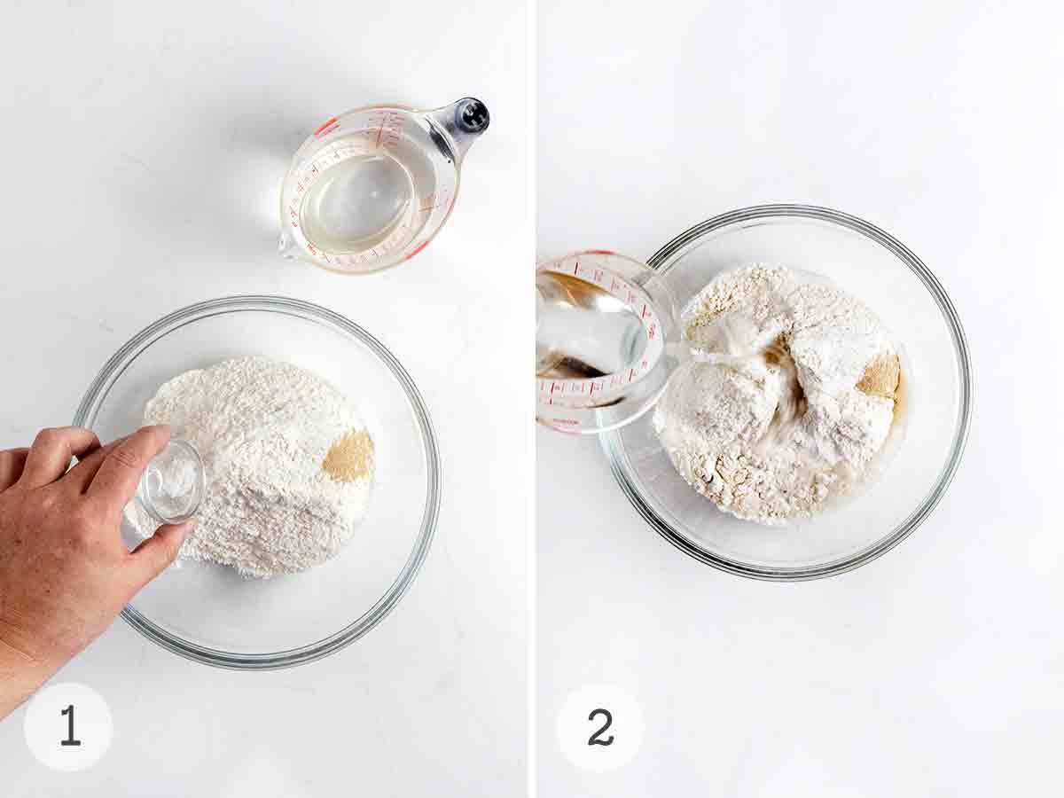 Bread ingredients being mixed in a glass bowl, and water being added to the mixture.