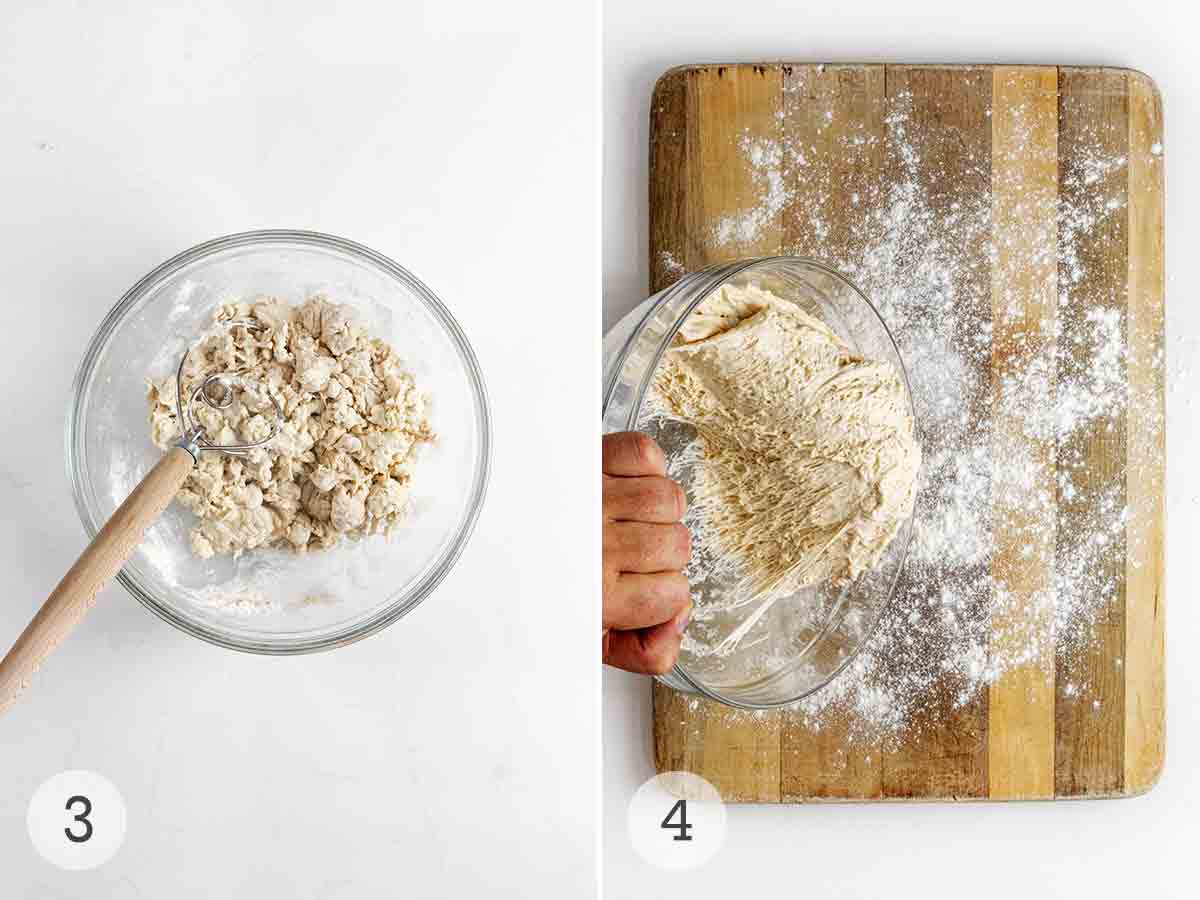 Bread dough being worked in glass bowl and a person scooping bread dough onto a floured cutting board.