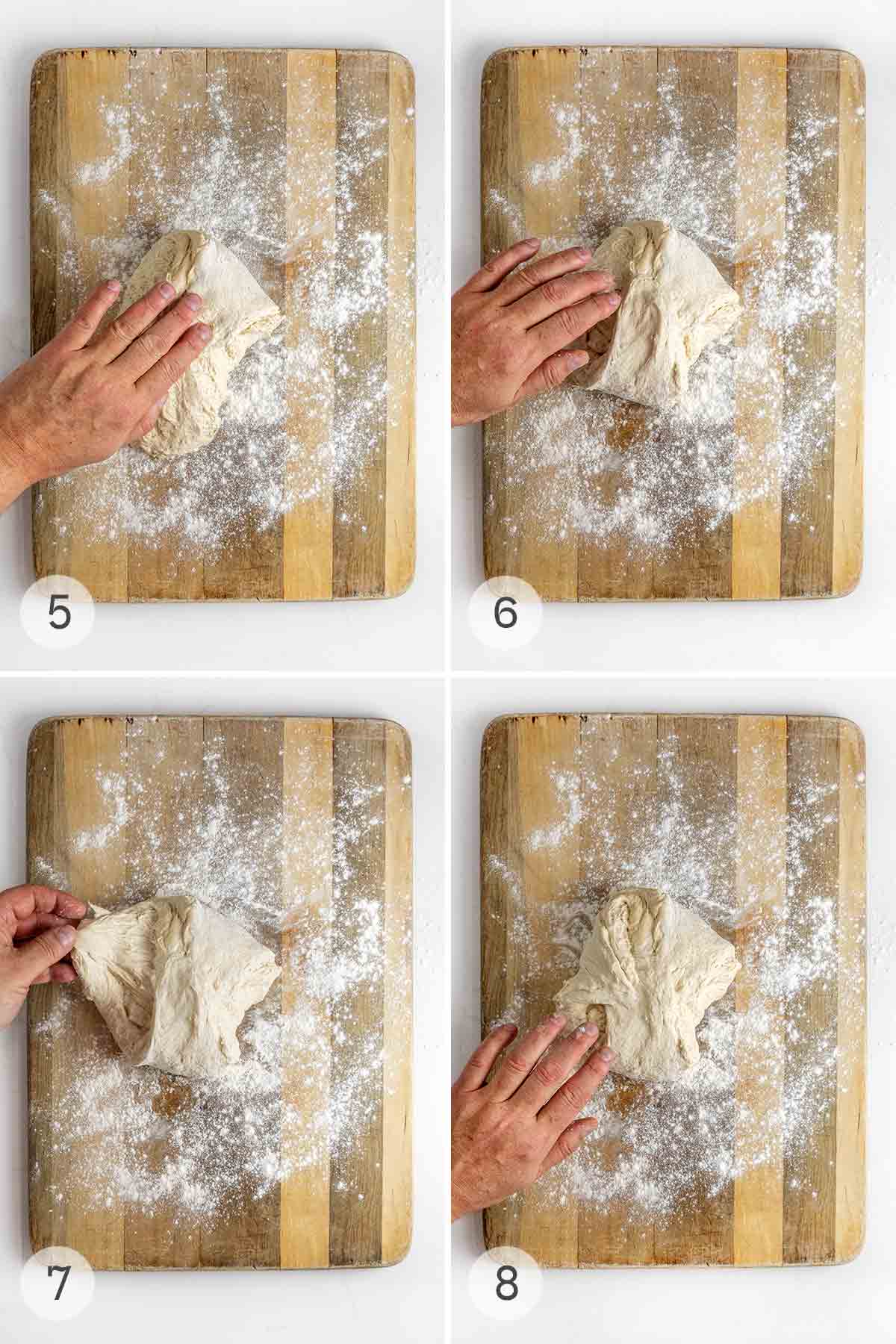 A person folding a round of bread dough.