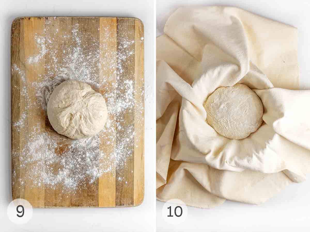 A round of bread dough on a floured cutting board, and the bread dough on a towel in a proofing basket.