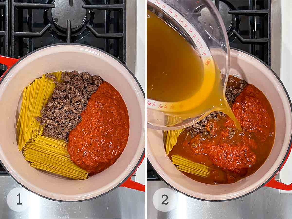 A large pot with spaghetti, ground beef, and marinara, and broth being poured into it.