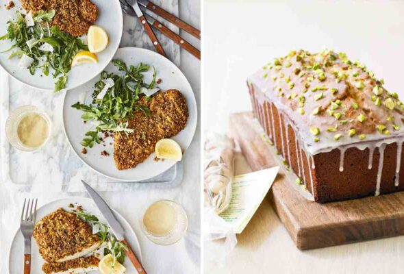 Three plates with pistachio-crusted chicken cutlets and a pound cake topped with pistachios and glaze on a cutting board.