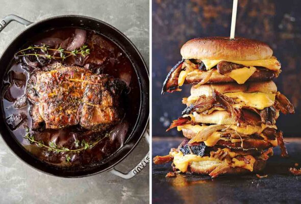 Two pork butt recipes: left, a pork butt in wine in a black pot; right, a pork butt burger layered with bacon and cheese.
