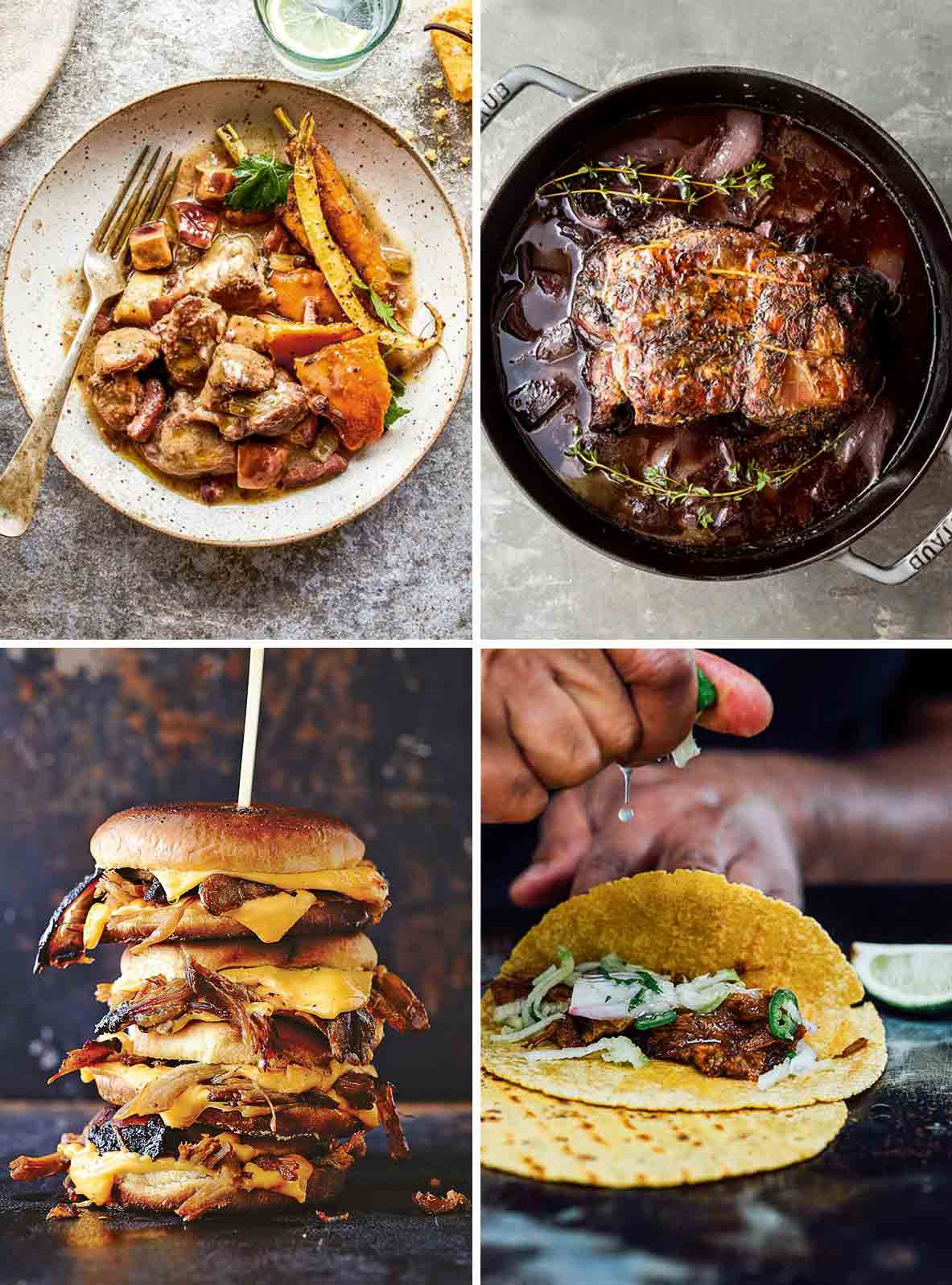 Four pork butt recipes: a plate of pork-butt casserole with apples and carrots; a pork butt in wine in a black pot; a pork-butt burger layered with bacon and cheese; a pork-butt taco with a man's hand folding it.