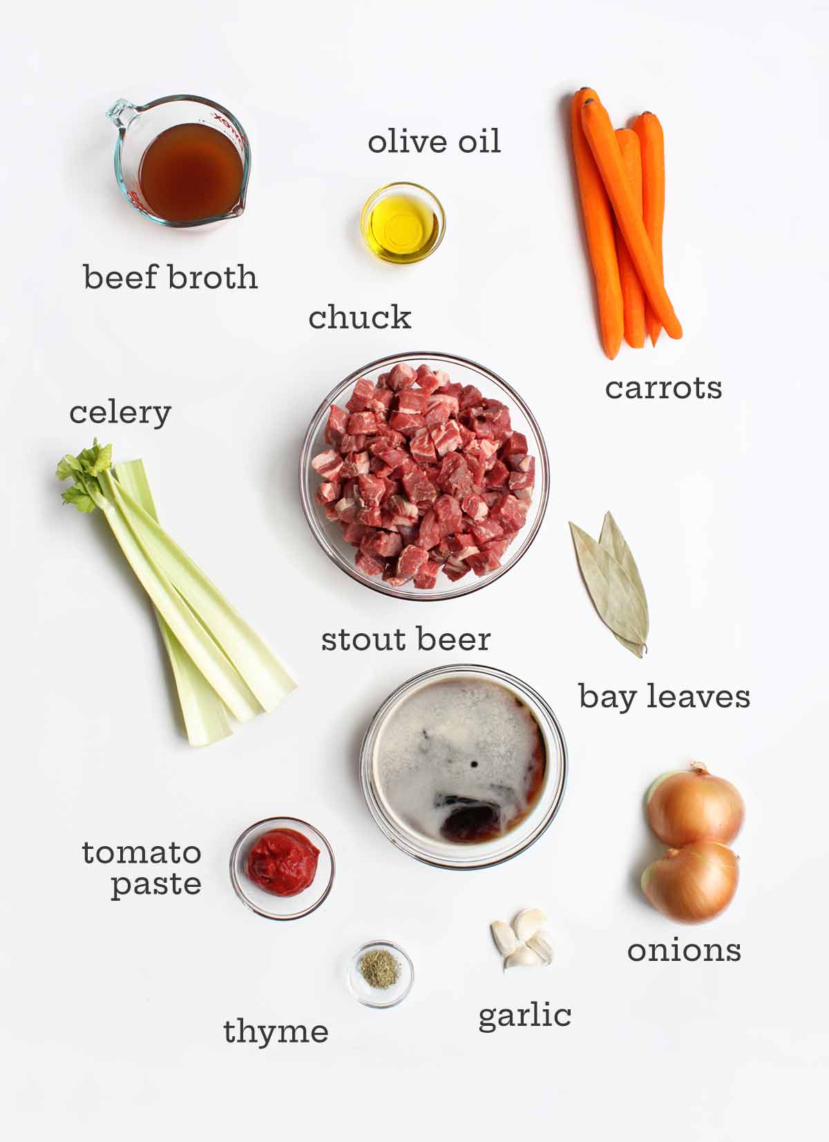 The ingredients for Irish beef stew on a white background.