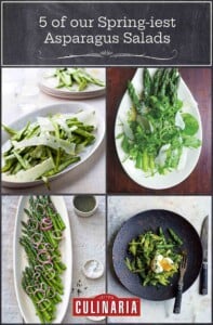 Four plates with variations on asparagus salad.
