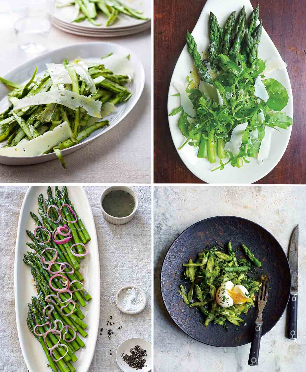 Four plates with variations on asparagus salad.