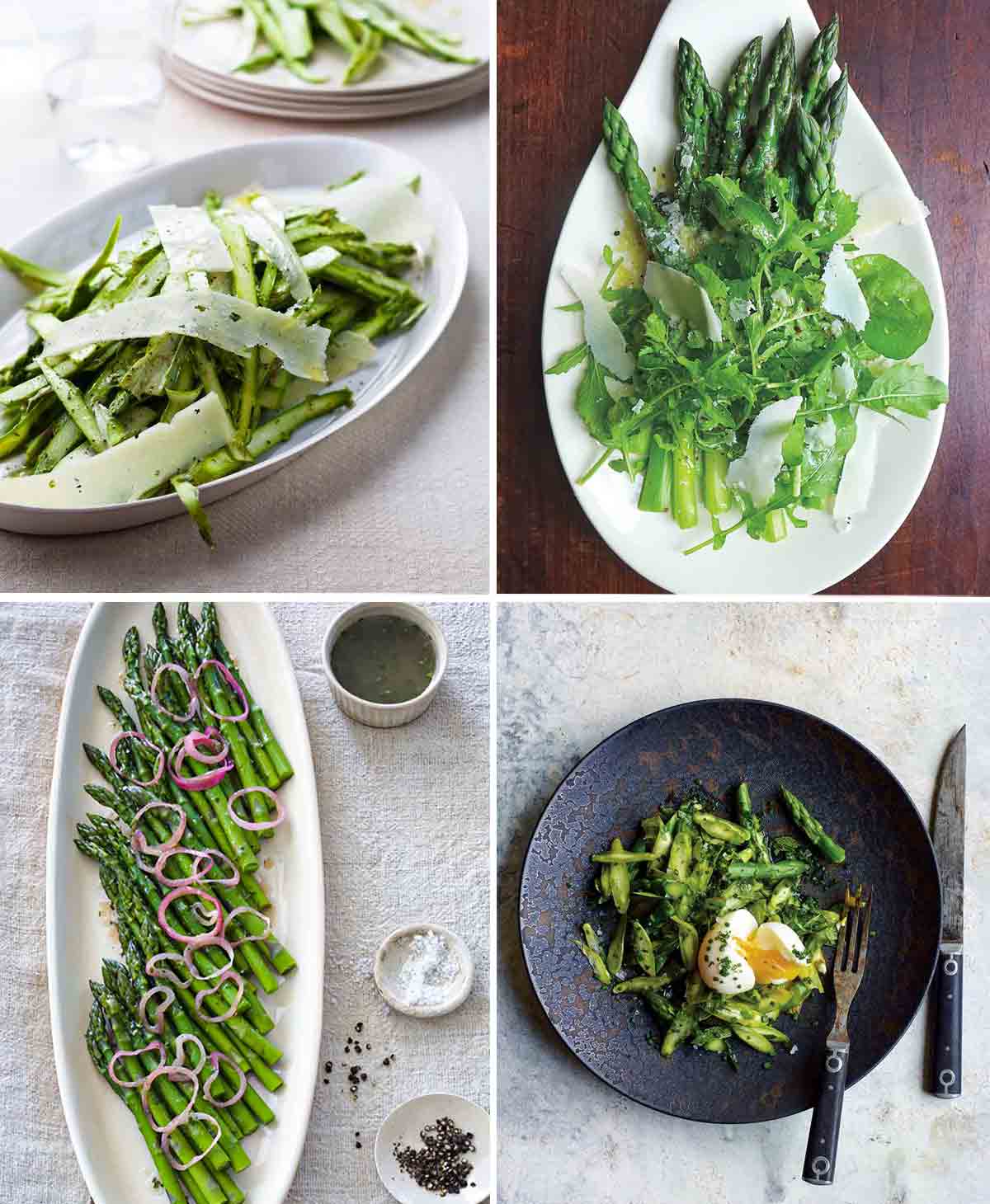 Four plates with asparagus salad variations.