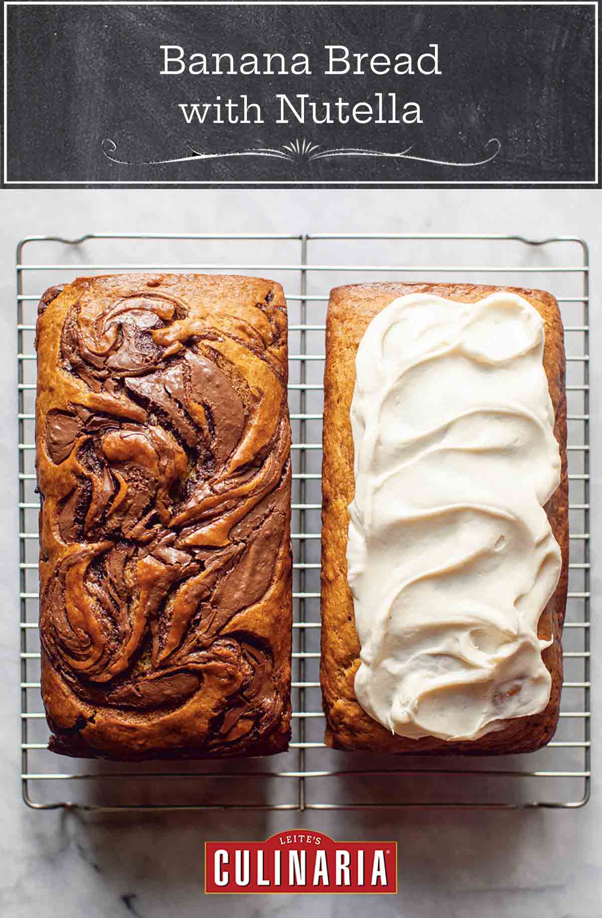 A loaf of banana bread with swirls of nutella next to a loaf of banana bread with cream cheese frosting on a wire rack.