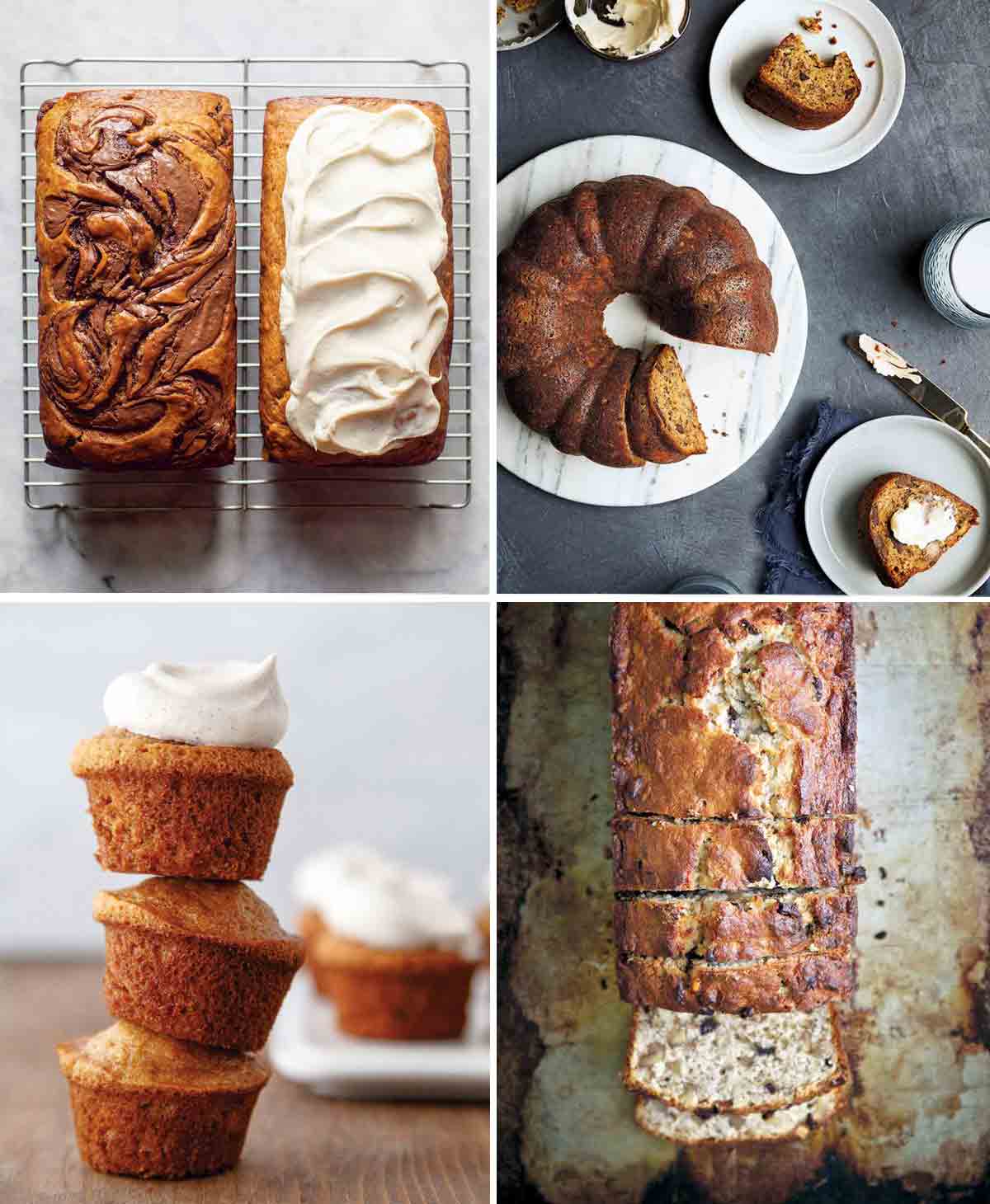 Two loaves of banana bread on a wire rack, a Bundt loaf of banana bread on a white platter, a stack of three mini muffins topped with whipped cream, and a partially sliced loaf of banana bread.