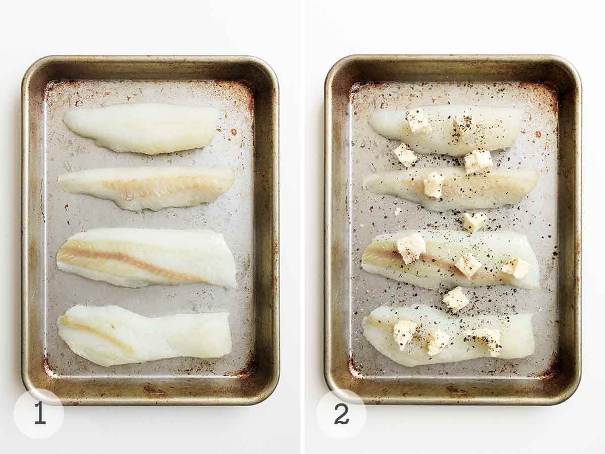 A baking sheet with four white fish fillets on it, and a baking sheet with the same fish fillets topped with salt, pepper, and butter cubes.