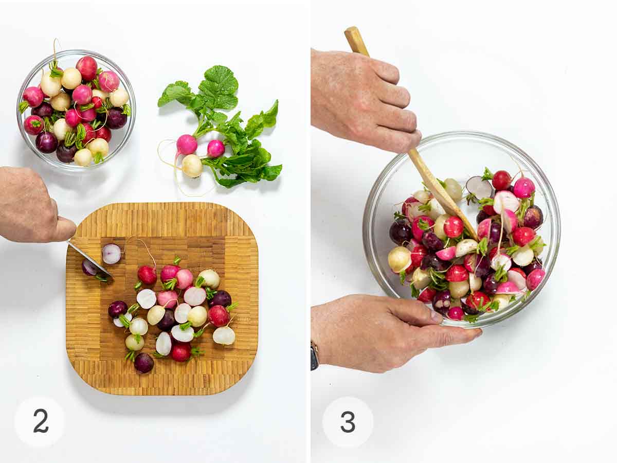 Radishes being cut on a wooden board with a bowl of radishes in the background and a person stirring the bowl of radishes.