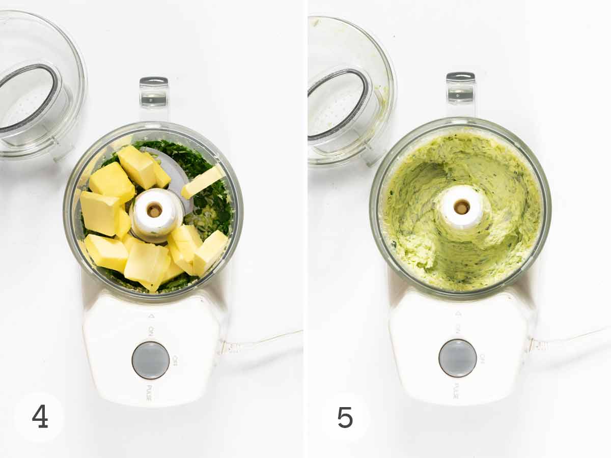 Chopped herbs and butter in a food processor, and a food processor with finished herb butter in it.