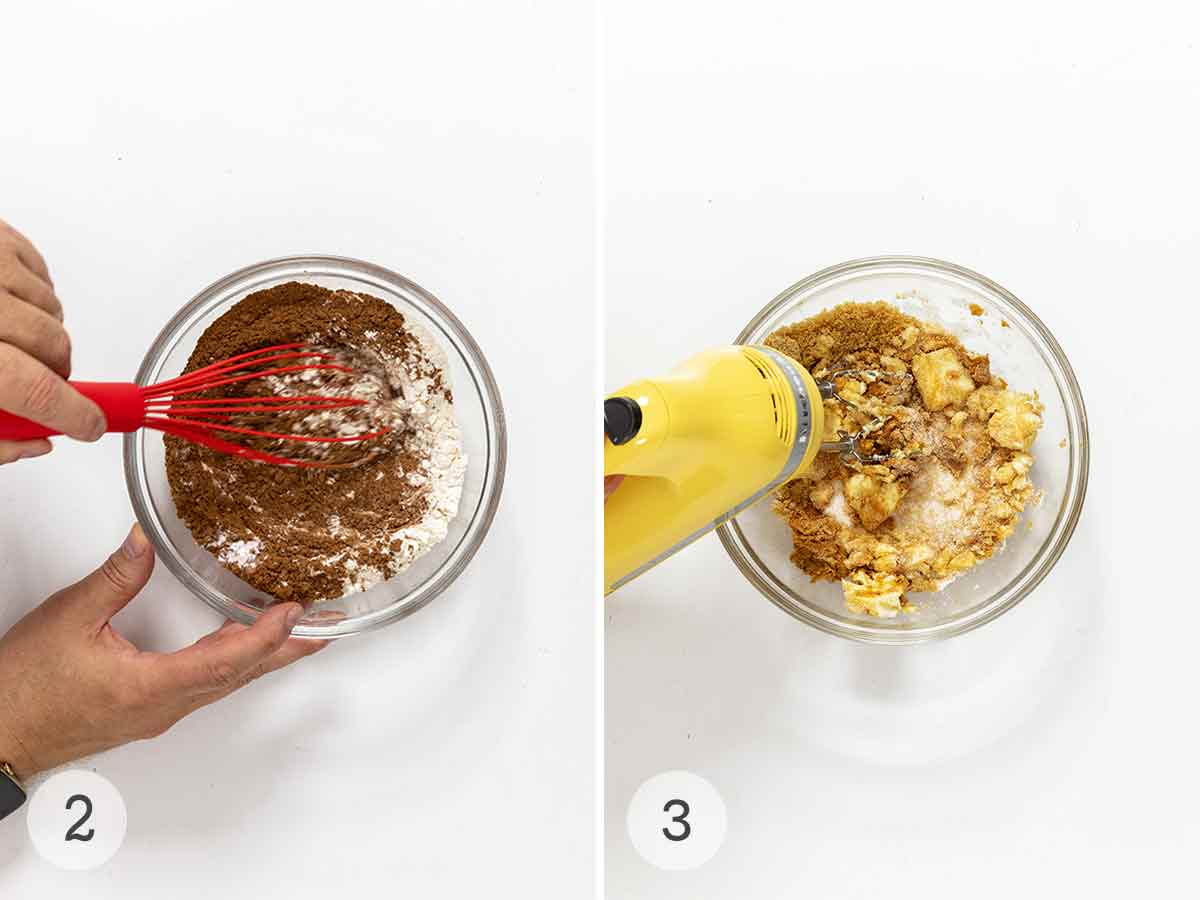 A person using a whisk to stir a flour mixture; a hand mixer mixing a butter-sugar mixture.