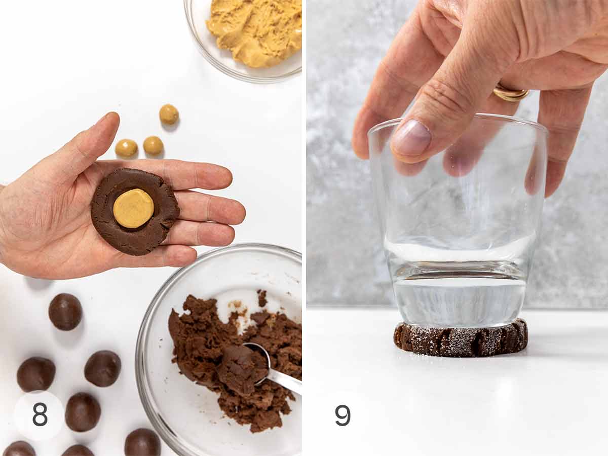 A man's hand holding a circle of chocolate cookie dough with a small ball of peanut butter filling in the middle; a man's hand pressing the bottom of a glass to on top of a disc of chocolate dough.