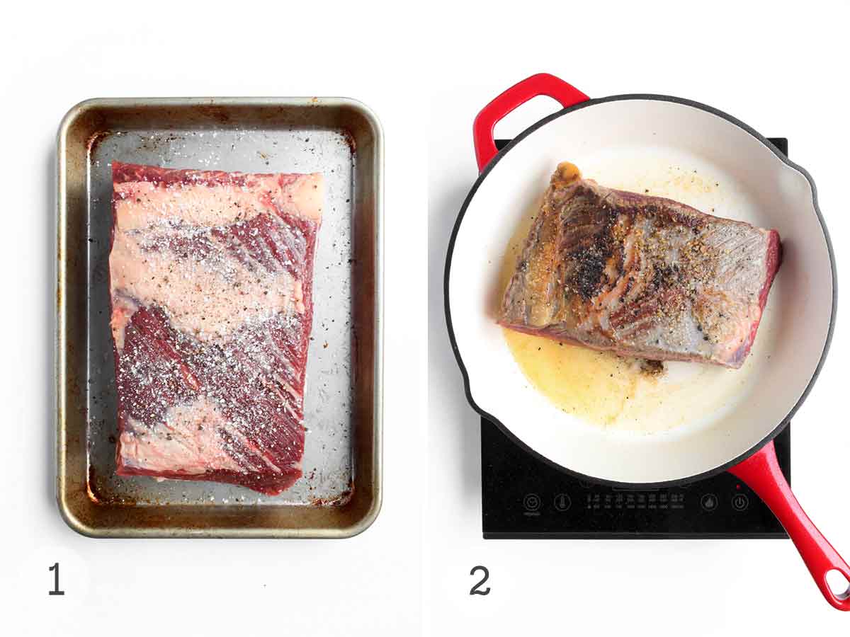 A raw brisket on a rimmed sheet pan, and a piece of brisket being seared in a red skillet.