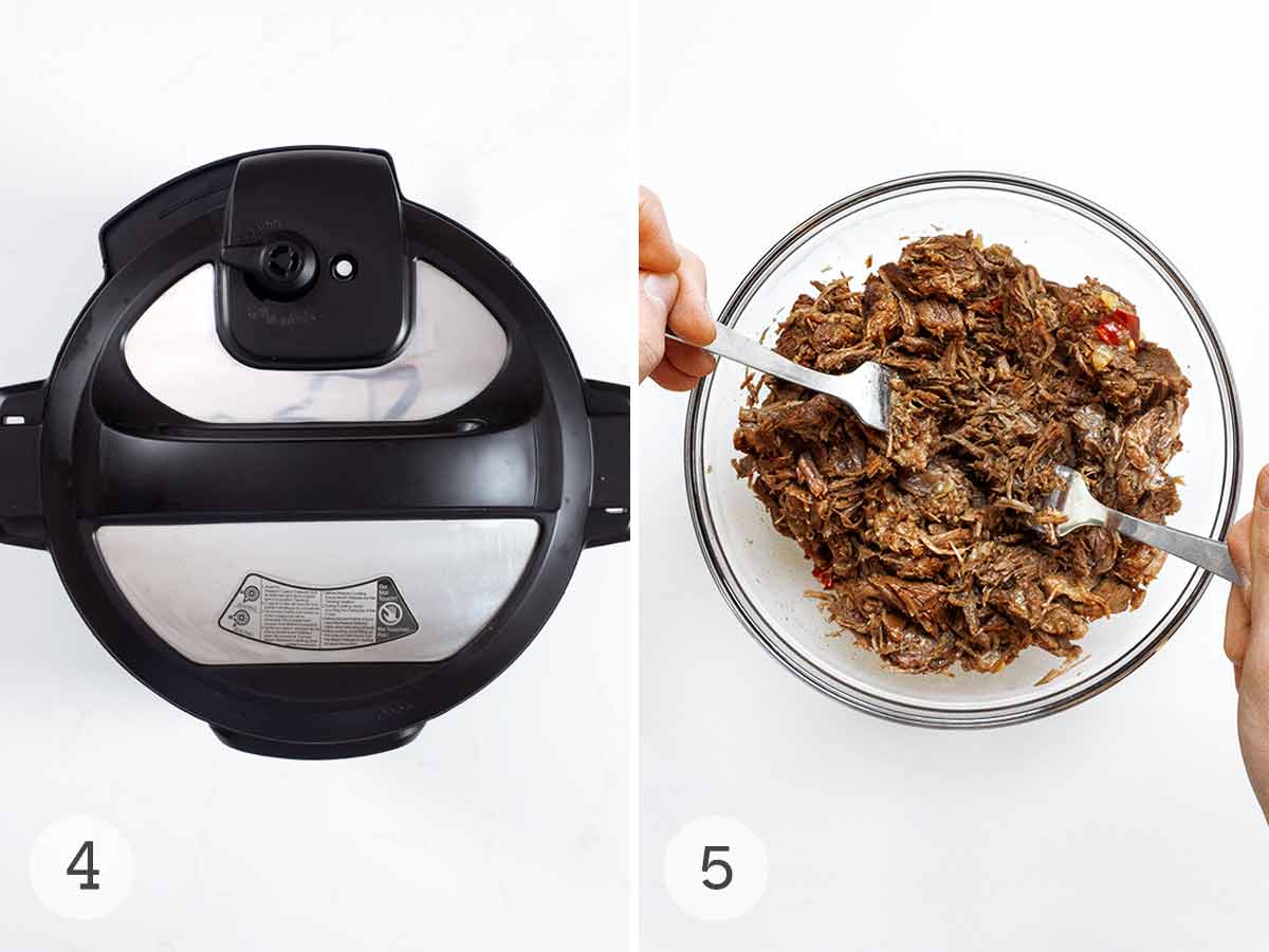 An overhead view of an Instant Pot and a bowl of beef being shredded with two forks.
