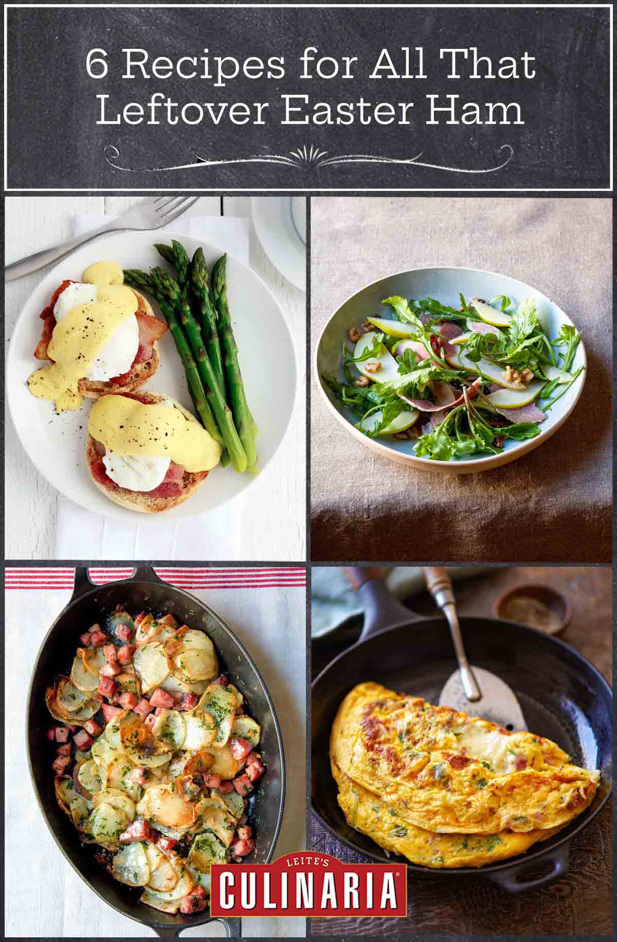 A plate with two eggs Benedict, a bowl of arugula and pear salad, a cast iron dish filled with ham and potato sarladaise, and a ham and cheese omelet in a skillet.