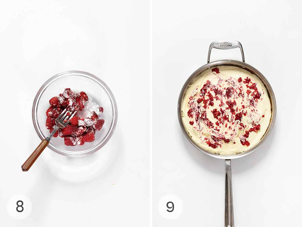 Raspberries and confectioners' sugar in a bowl with a fork, and mashed raspberries swirled into cheesecake filling in a metal skillet.