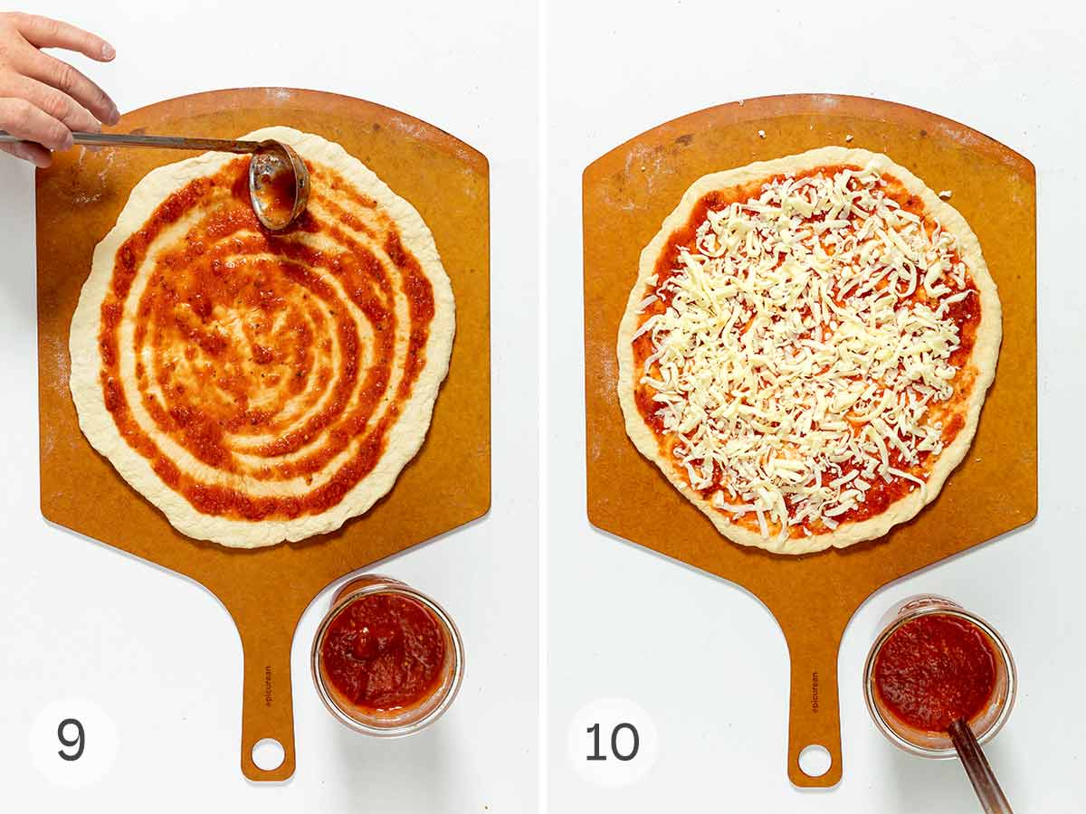 A person spreading sauce on a round of pizza dough on a peel, then a pizza topped with sauce and cheese on the same peel.