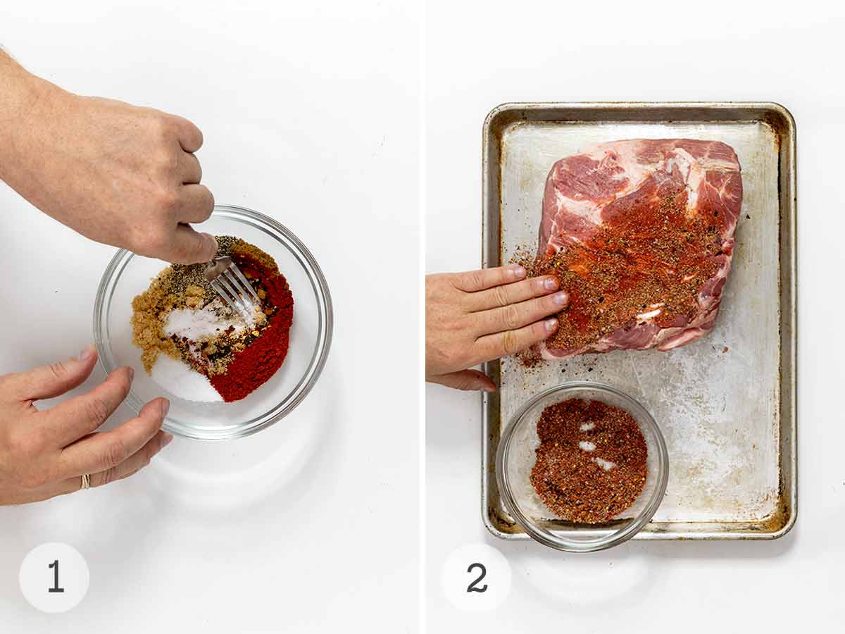 A man's hands mixing a bowl of spices; a baking sheet with a pork butt, a man's hand rubbing in spice mix.
