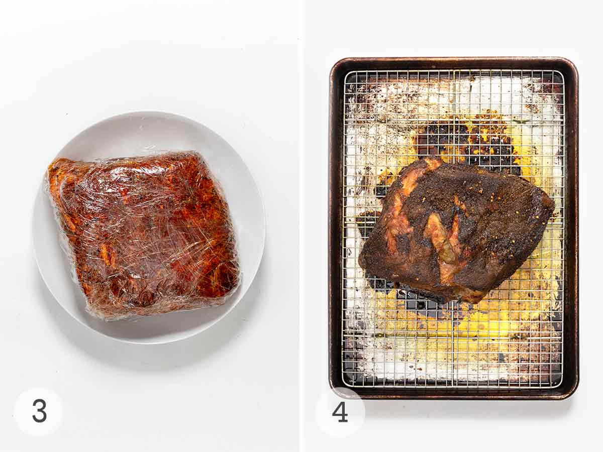 A pork butt wrapped in plastic on a white plate; a cooked roast pork butt on a rack over a baking sheet.