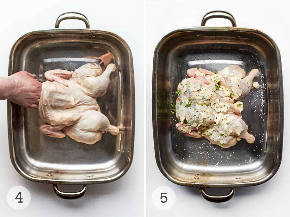 A person spreading butter under the skin of a spatchcocked chicken and a spatchcocked chicken with butter on it.