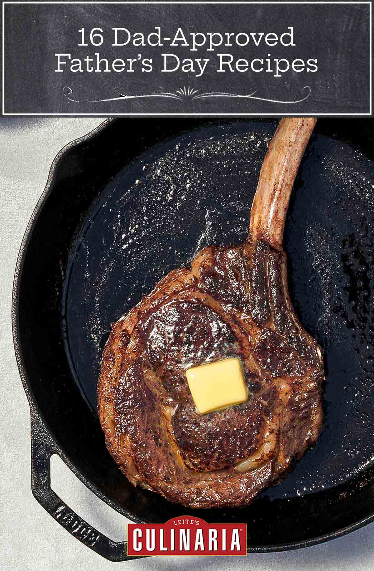 A rib eye steak topped with a pat of butter in a cast iron pan.