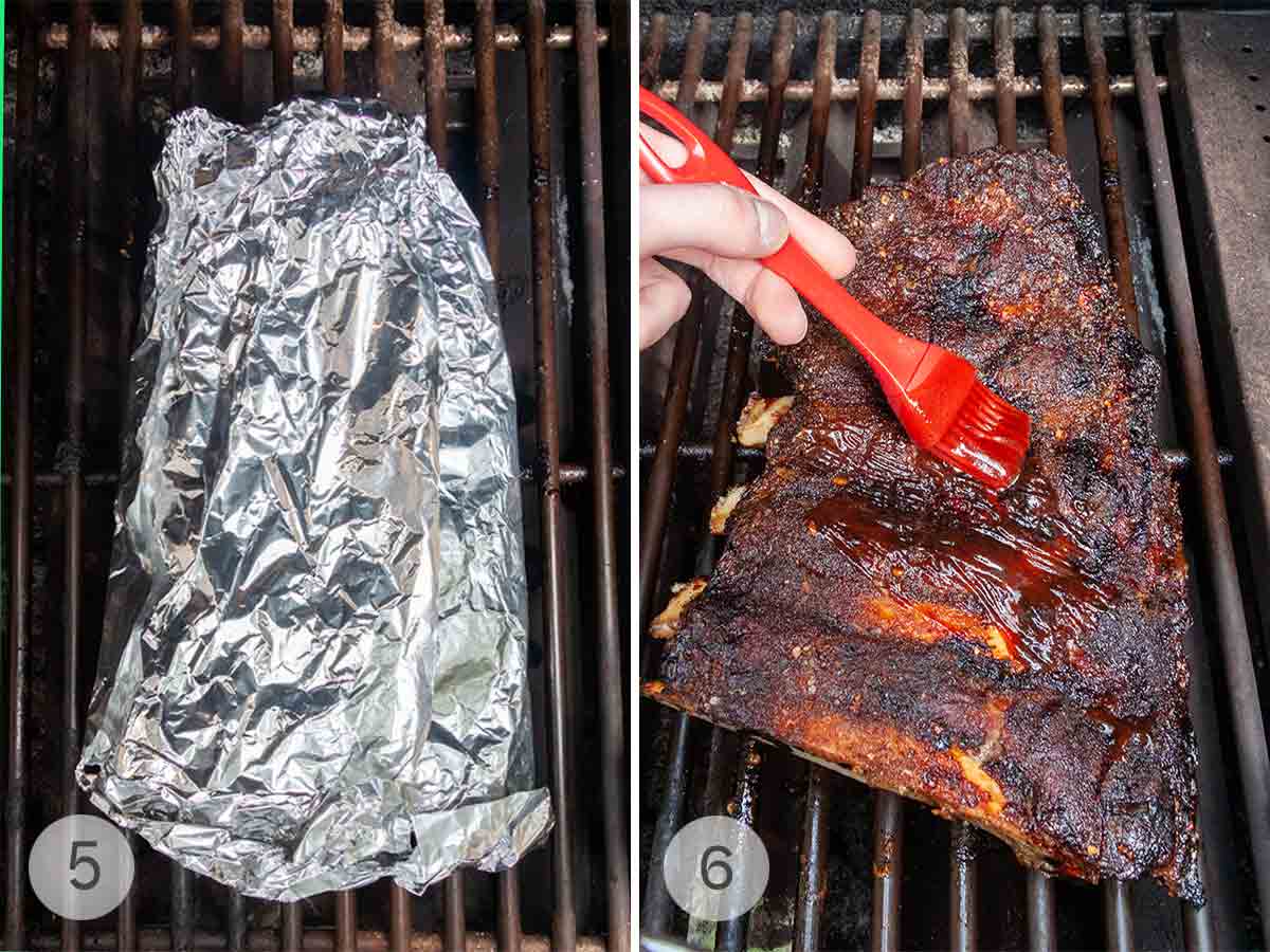 A rack of beef ribs wrapped in foil on a grill, then a person brushing the rack of ribs with barbecue sauce.