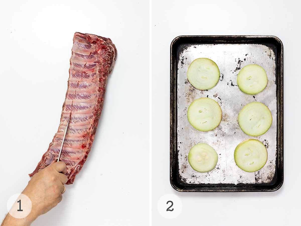 A rack of baby back ribs with a man slicing the membrane with a knife; a baking sheet with 6 slices of onions.