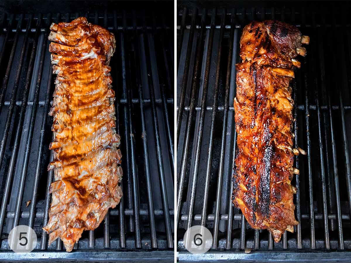 A rack of baby back ribs on a grill.