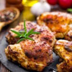 Grilled chicken thighs on a platter with a sprig of rosemary on top.