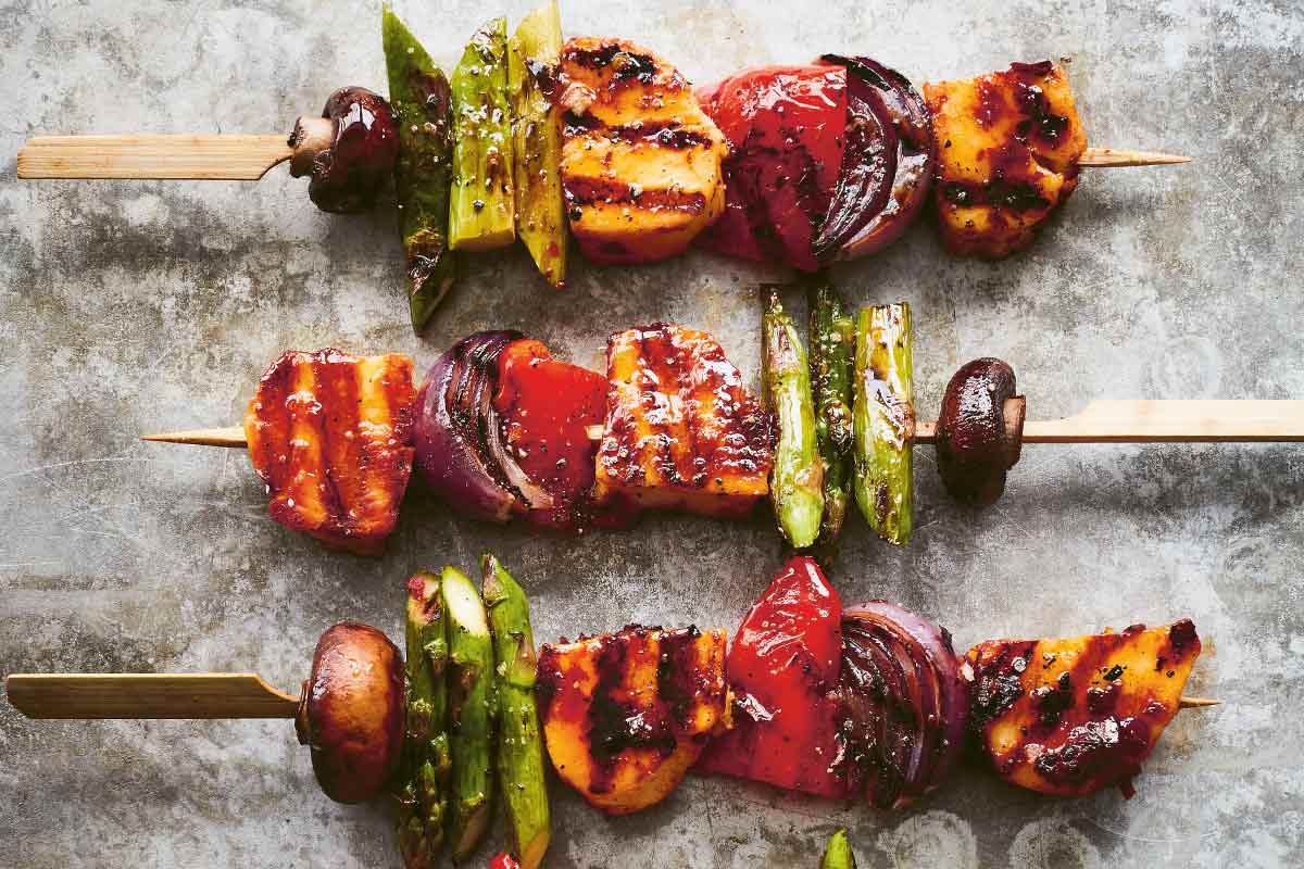 Halloumi-and-Vegetable Skewers with Pomegranate-Tahini Sauce