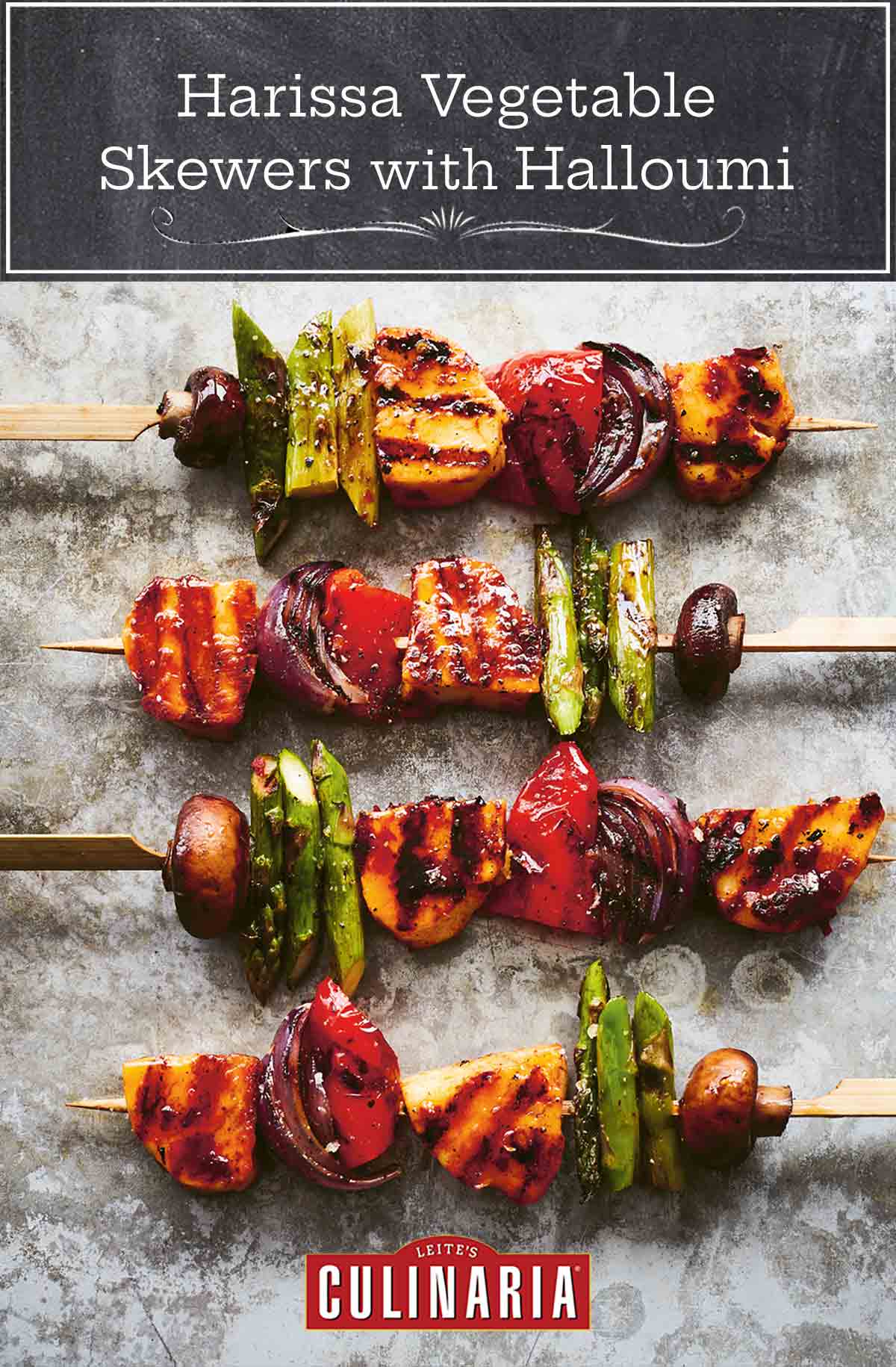 Four grilled vegetable skewers with harissa-marinated halloumi.