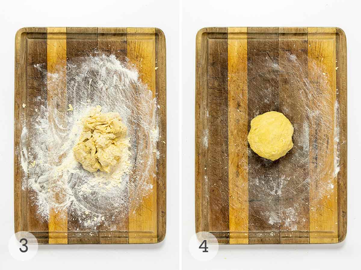 A shaggy round of pasta dough on a floured cutting board and a shaped round of dough on the same board.