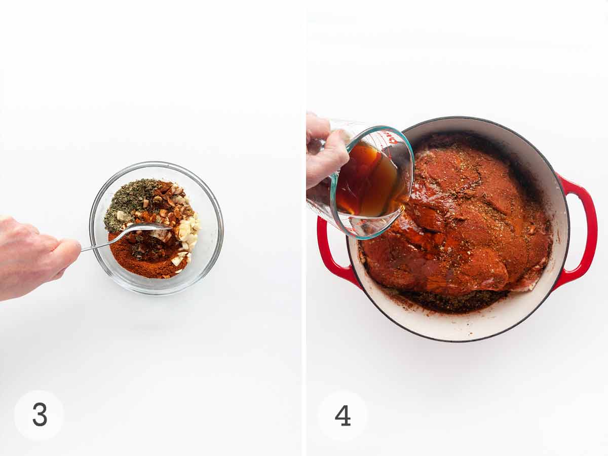 Spices and garlic being mixed together in a small bowl and a person pouring beer over a spice-rubbed pork shoulder.