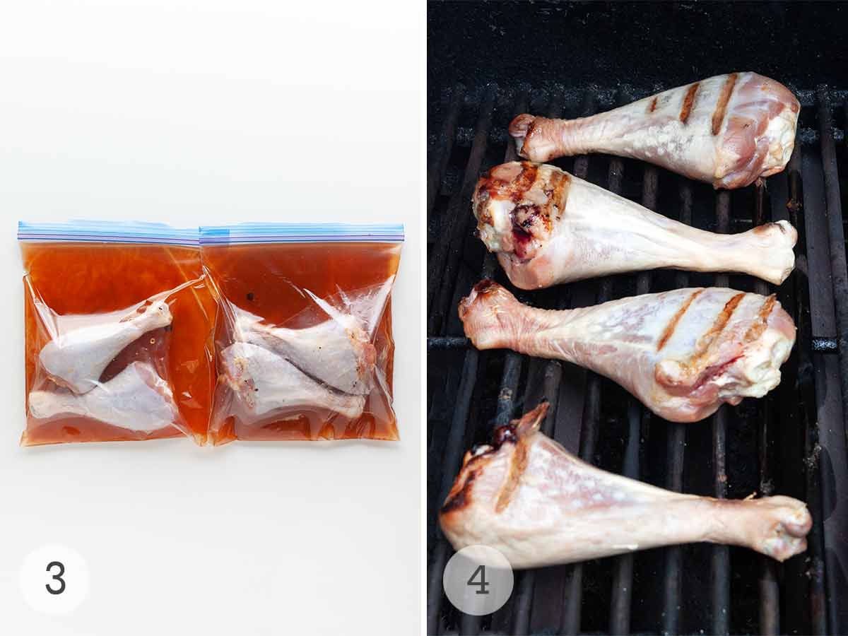 Four turkey legs marinating in resealable bags and four turkey legs on the grill.